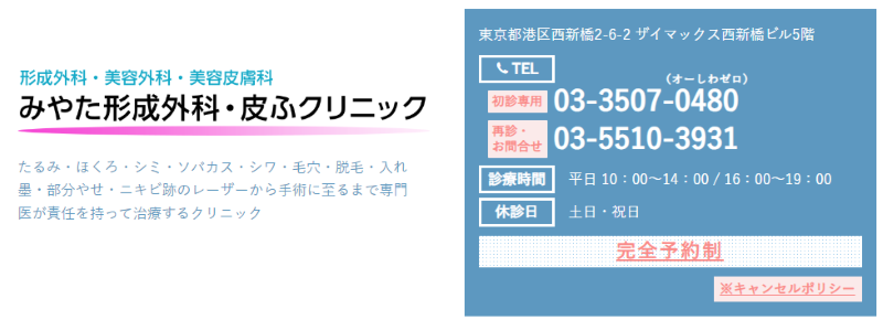 新橋でおすすめの肝斑治療やシミ取り・ニキビ治療・美白治療・シミ治療ができるクリニック「みやた形成外科・皮ふクリニック」